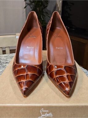 Christian Louboutin Brown Croc-Embossed Pointed Toe Pumps